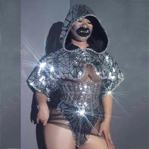 Silver AB Sequins Dancer Stage Show Outfit Women Rock Band Performance Wear Prom Party Reflective Sexy Bodysuit Costumes XS2053