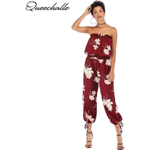 2021 Summer Elegant Print Elastic Strapless Sexy Rompers Women Sleeveless Casual Ankle-length Pants Jumpsuits Female Wine Red