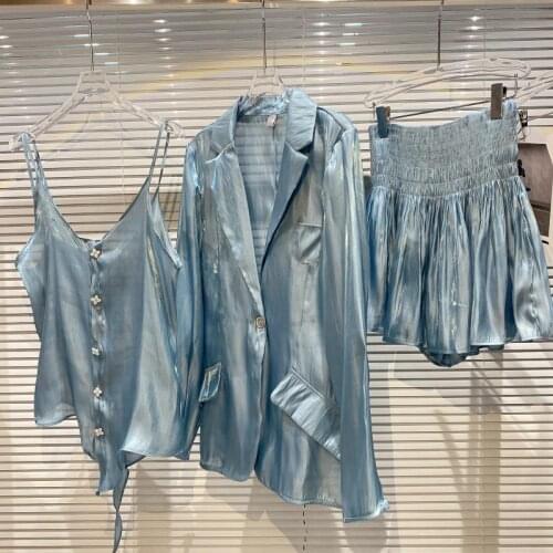 2021 Summer New Solid Color Thin Three-Piece Set Ladies Single Button Suit Jacket Sling Elastic Waist Pleated Skirt Outfit