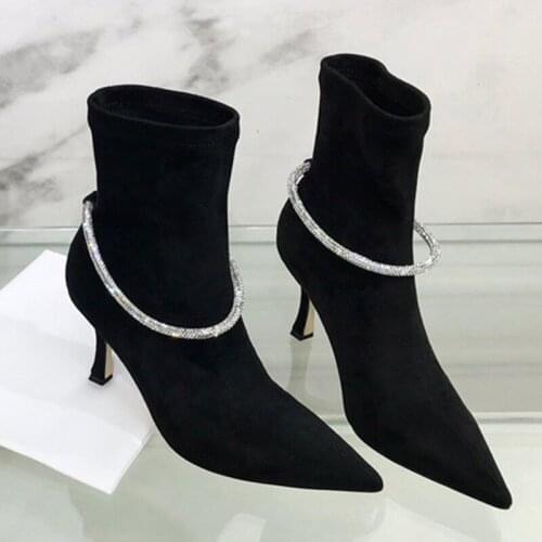 2021 Brand Design Thin High Heels Sexy Office Lady Sock Boots Pointed Toe Soft Leather Ankle Boots Rhinestone Chain Women Shoes