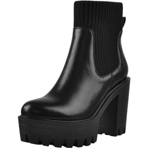 Richealnana Women Platform Black Matte Leather Ankle Booties Thick High Heel Knitting Ladies Shoes Concise Fashion Elegant Trend