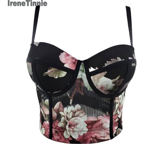 IreneTinnie New Women Push Up Bustier Crop Top Sexy Cropped Printed Flower Feminino Strappy Bralette Bras Camis Tops Cropped