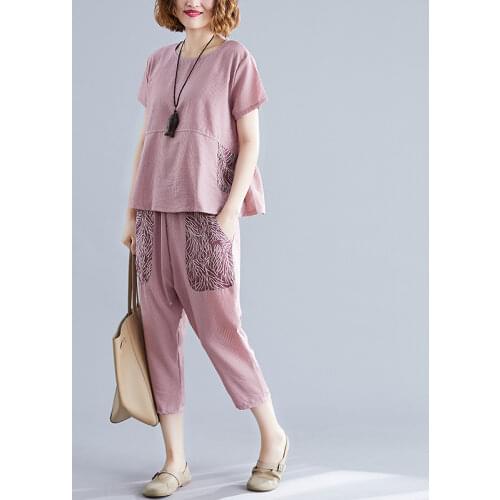 Cotton linen two pieces women pant sets 2020 summer vintage ruffles t-shirts and harem ankle length pant female pant suits
