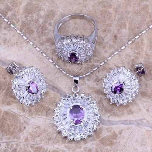 Purple Cubic Zirconia White CZ Silver Plated Jewelry Sets Earrings Pendant Ring Size 6 - 9.5 S0106