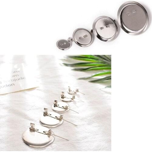 50pcs Metal Sliver Rhodium Round Brooch Base Cabochon Blanks Trays with Brooch Pins Cameo Setting For Jewelry Making Wholesale