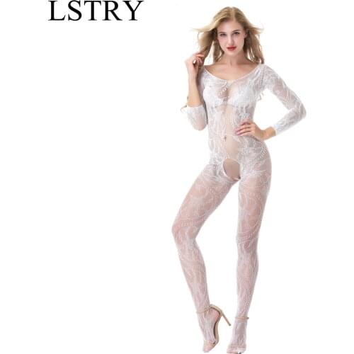 Fashion Women Transparent Lace Bodysuit Sexy Lingerie Sleepwear Mesh Lace Floral See-through Teddies Catsuit Erotic Sex Costume