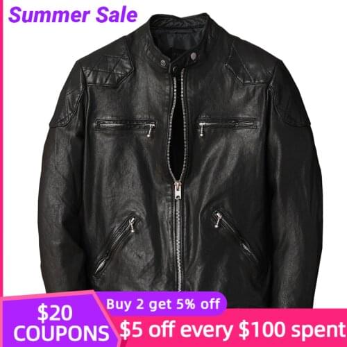 2021 Black Bikers Style Genuine Leather Jacket Men Plus Size 5XL Real Thin Sheepskin Spring Slim Fit Short Motorcycle Coat