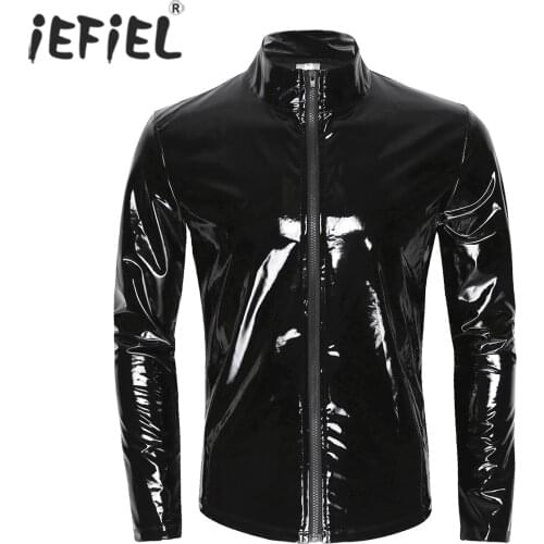 IEFiEL Mens Clothing Shiny Metallic Long Sleeve Front-Zip Stand Collar Tops Wet Look Nightclub Costume Party T-shirt Top Coat