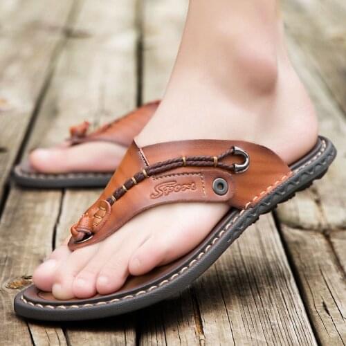 WEH Leather Slippers men Luxury Brand Flip Flops Soft comfortable Beach Slipper Flip Flop Summer Shoe For Men big size 46 47