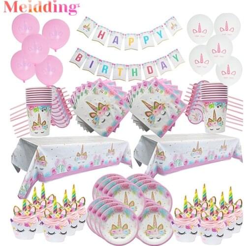 Unicorn Birthday Party Table Decoration Tablecloth Paper Plates Cup Baby Shower Girl 1 2 3 years Birthday Party Decoration Kids