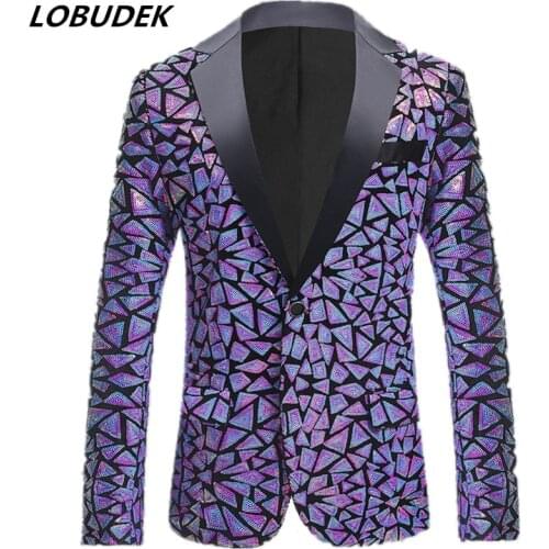 Plus Size Glitter Sequins Blazer Mens Singer Host Chorus Shiny One Button Suit Jacket Bar Nightclub Performance Slim Coat