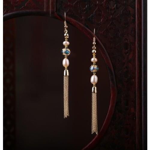 Chinese classical style vintage 925 silver pin champagne pearl jade stone long tassel earrings for full dress cheongsam
