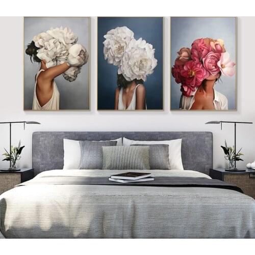 Nordic Modern Girls Portrait Canvas Paintings Head with Flower Posters and Prints Wall Art for Modern Living Room Home Decor