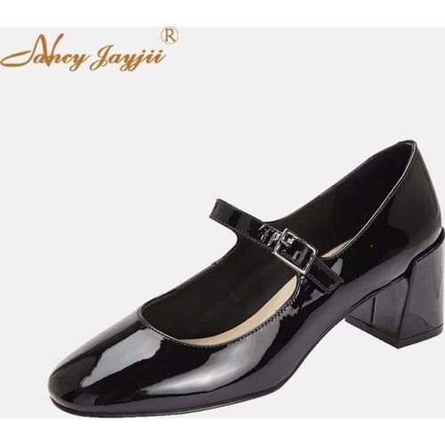 Mary Janes Female Shoes Woman Pupms Patent Leather Black Solid Med Square heels Pointed Toe Slip-On Buckle Fashion Leisure 2019