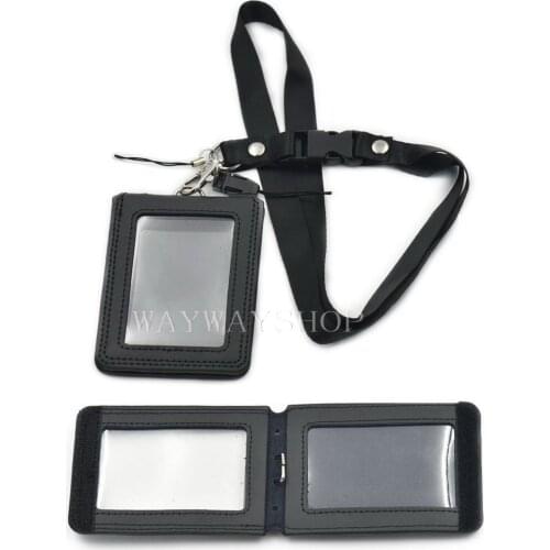 2 Pcs Genuine Leather Vertical Card Badge Holder + 2 Lanyard For Credit ID Business Reel Student Lariat Keyring