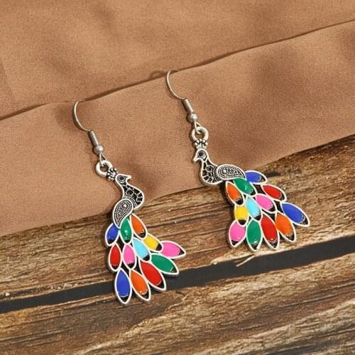 Vintage Corful Dripping Oil Peacock Alloy Jhumka Earrings Indian Jewelry Turkish Earrings Tribal Gypsy Jewelry