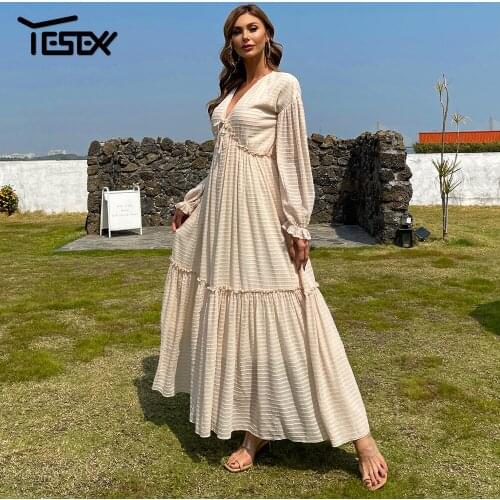 Yesexy Summer 2021 Beach Dress Long Sleeve Maxi Dress for Sexy Women V Neck Holiday Lantern Sleeve Tie Party Ruffle Dresses