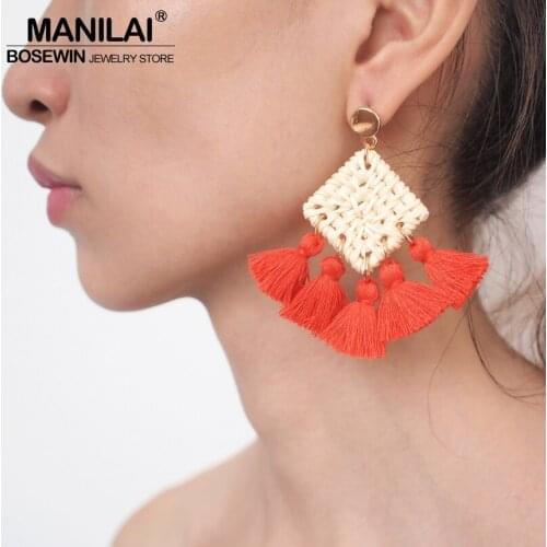 MANILAI Bohemian Square Straw Rattan Knit Tassel Earrings Women 6 Color Fringed Dangle Earrings Statement Jewelry