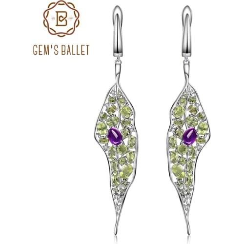 GEMS BALLET Natural Amethyst Peridot Gemstone Long Earrings 925 Sterling Sliver Vintage Palace Drop Earrings For Women Jewelry