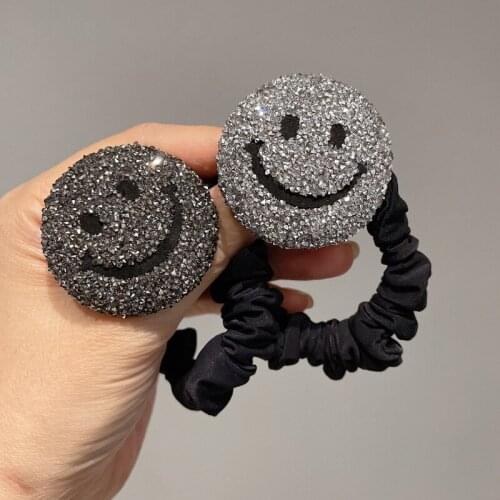 Women Fashion Black and White Smiley Face Hair Ties Girl Rhinestone Ponytail Head Rope