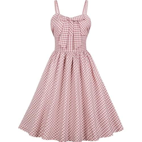 Sexy Spaghetti Strap Summer Dress Women Plus Size Vintage Plaid Print Dress A-Line Big Swing Elegant Midi Dress Femme QY0928