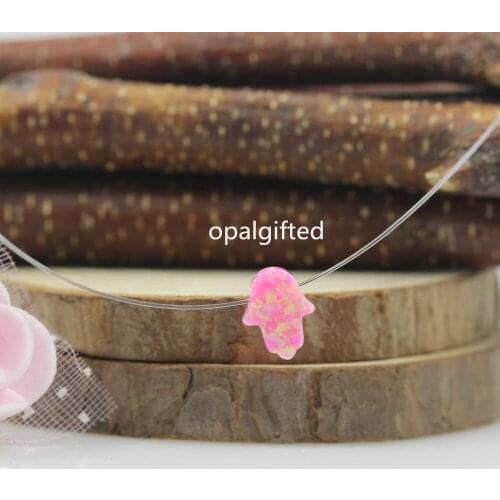 1pc/lot) Hot Sale Synthetic Fatima Hand OP42 pink Hamsa Opal Pendant Necklace With Transparent Nylon Chain with free shipping
