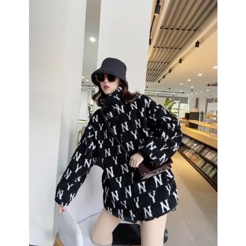 2020 Boyfriend Style Warm Thick Faux Fur Teddy Winter Designer NY Letter Coat Oversizes Loose Shaggy Women Jacket Outerwear