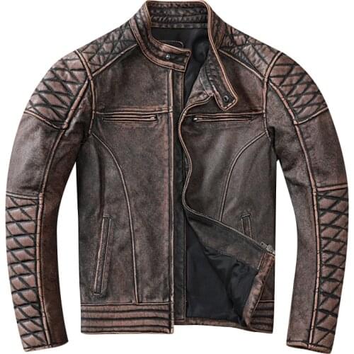 2021 Mens Retro Brown Genuine Cowhide Jacket Edging Distressed Motorcycle Jacket Plus Size 5XL Cowhide Coat