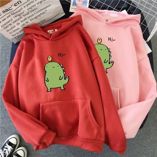 2021 Winter Clothes Women Harajuku Hoodie Kawaii Dinosaur Graphic Print Loose Oversized Sweatshirt Warm Casual Korean Pink Tops