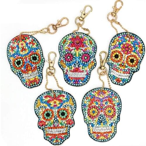 5 PCS Sugar Skull DIY Diamond Painting Keychain,Full Resin Drill Mosaic Making by Numbers Key Chain Pendant Kits for Bag Purse