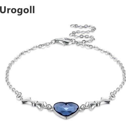 Noble New S925 silver heart-shaped Crystals Element Women Blue Crystal Bracelet Heart Charm Silver Bracelet Simple Jewelry