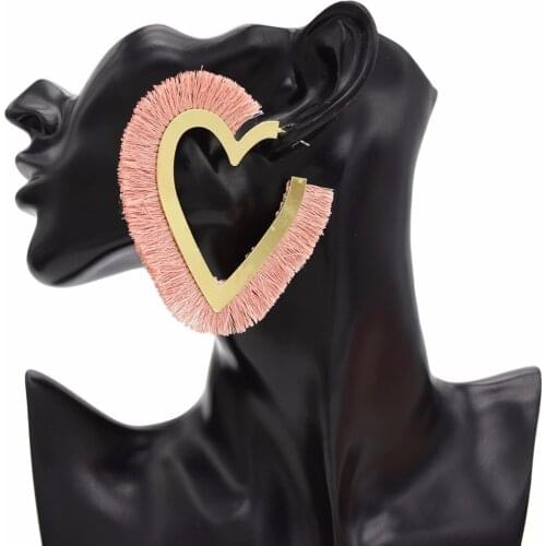 Bohemian Unique Heart Cotton Big Open Hoop Earrings for Women Wedding Party Red White Black Pink Thread Tassel Ears Jewelry