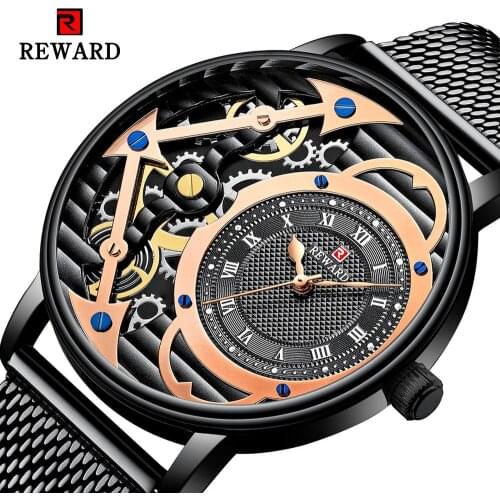 REWARD Mens Quartz Wristwatches Black Case Hollow Mesh Belt Stainless Steel Waterproof Business Watches Male Clock