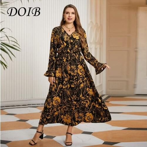 DOIB Women Floral Print Dress Large Size Women V Neck Loose Casual Plus Size Dress 2021 Fashion Female Oversize Dress