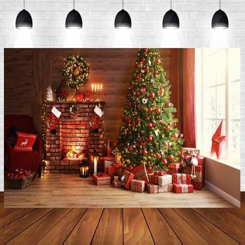 Photography Backdrops Christmas Background Red Brick Wall fireplace Wood Floor Christmas Tree Gift Box Background Photo Studio