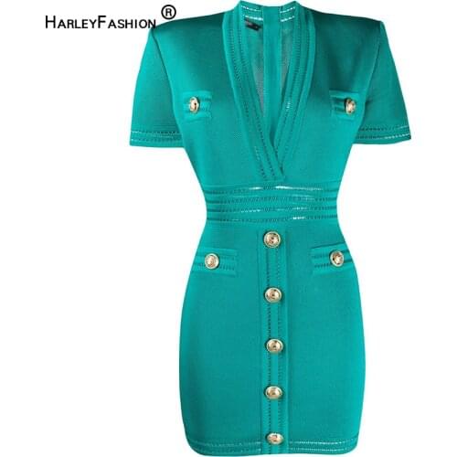 HarleyFashion Women Elegant Summer Candy Color Acid Blue Knitted Dress V-neck Stretchy Slim High Street Quality Mini Dress