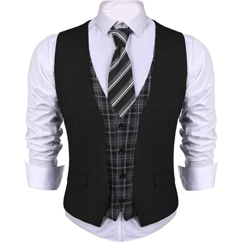 Mens layered plaid business suit vest V-neck slim fit, fake 2-piece mens vest suitable for weddings and parties