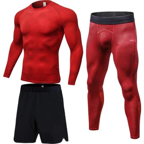 Mens sports suit 3-piece Running Thermal underwear Compression sportswear Snakeskin Clothes T-Shirt Jogging leggings Track suit
