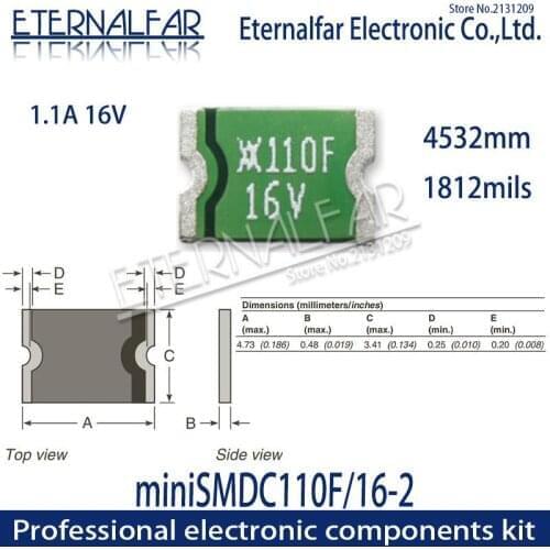 PPTC Self-recovering Fuse 1812 mils 4532 mm MINISMDC110F/16 1.1A 16V Circuit Boards Digital Cameras Subnotebook Resettable Fuse
