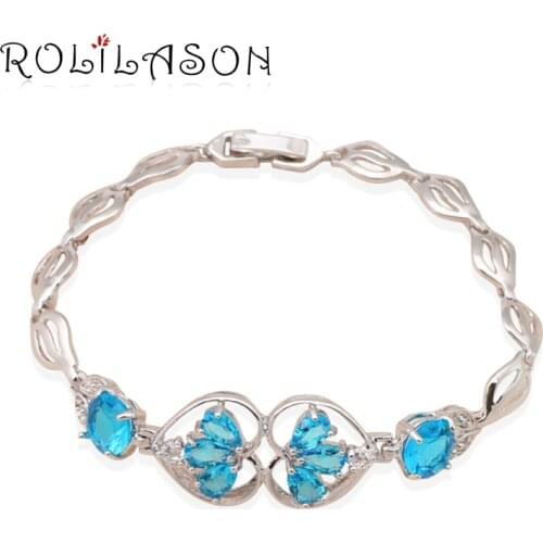 ROLILASON Charm Seawater blue crystal Zircon heart shaped pattern silver chain Bracelet women vacation fashion jewelry TB557