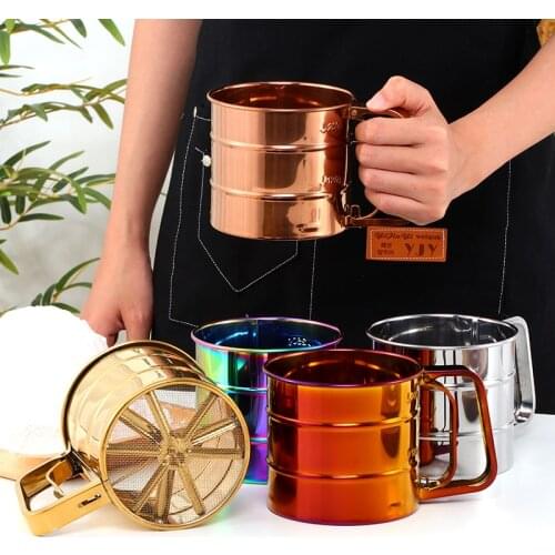 Rose Gold Flour Sieve Cup stainless Steel Mesh Round Powder Flour Baking Tool Sugar Mesh Sieve Crank Sifter Measuring Scale