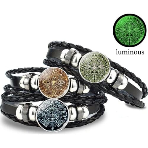 Glow In The Dark Aztec Calendar Mexican Art Men Punk Braided Bracelet Charm Mayan Calendar Jewelry