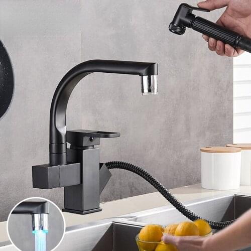 LED or Not Black Kitchen Faucet Pull Out Bidet Spray Deck Mount Hot Cold Mixer Tap 360 Rotation Swivel Bathroom Sink Crane