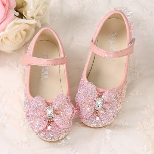 Girls Dress Shoes Children Glitter Bling Bling Flats For Wedding Party Show Kids Shoes Bow-knot Princess Sweet 22-36 Sequined