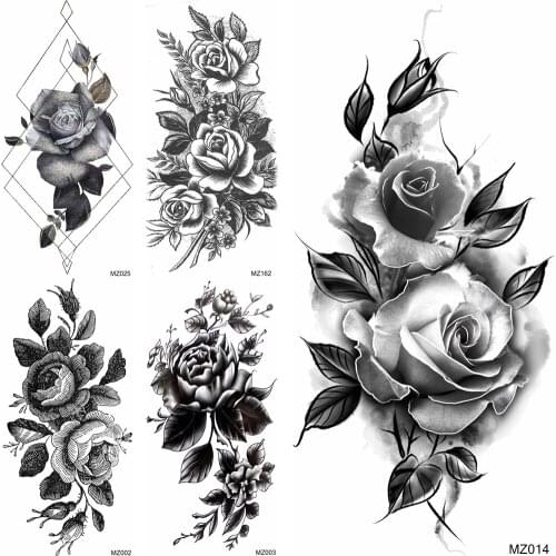 Black Flower Temporary Tattoos Sticker Geometric Fake Pencil Sketch Rose Tatoo For Women Body Art Tatoos Decor Decal For Holiday
