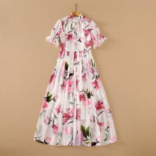 European and American womens wear for summer 2021 Short sleeved stand collar nail beaded button flower print Fashion dress