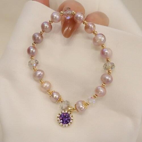 Gold Filled Bracelet 8-9mm Natural Freshwater Oval Pearl Purple Crystal Charm Bracelet Women Wedding Jewelry Gift