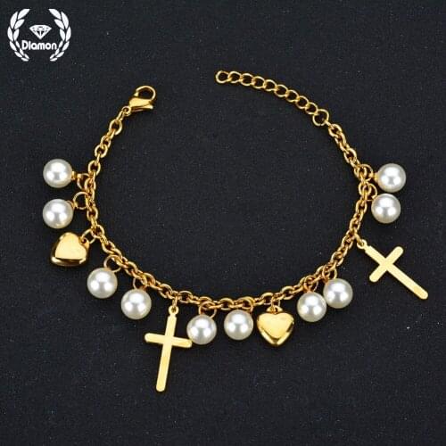 Diamon High Quality Stainless Steel Bracelet Cross Pearl Charm Female Bracelets For Women Gold Color Adjustable Birthday Gift