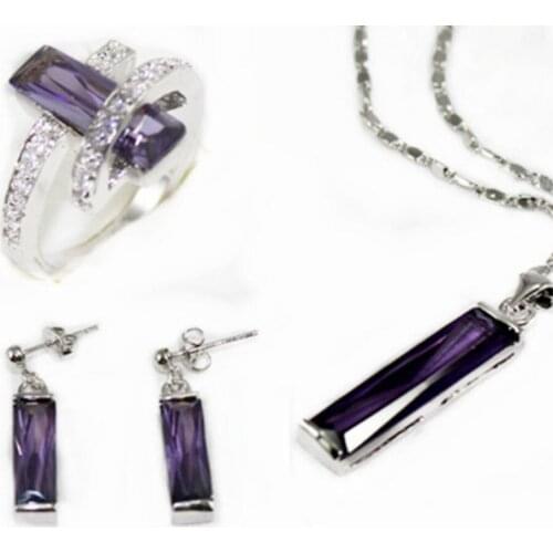 Womens fashion column dark purple zircon Faceted Pendant Earring Ring Set