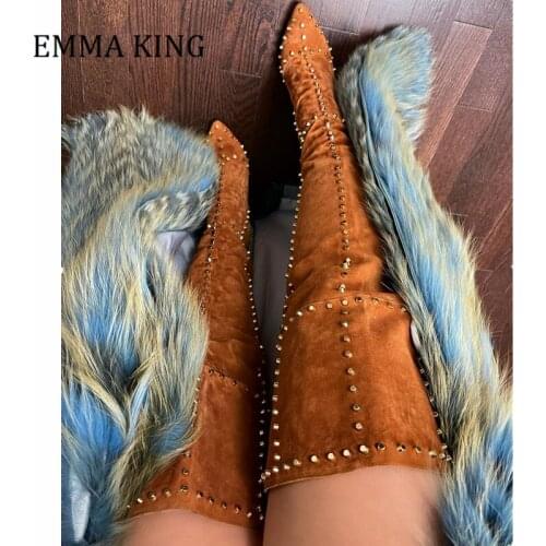 2021 Newest Women Studded Rivets Long Boots Brown Faux Suede Over the Knee Thigh High Boots Sexy Women Shoes Botas Altas Mujer